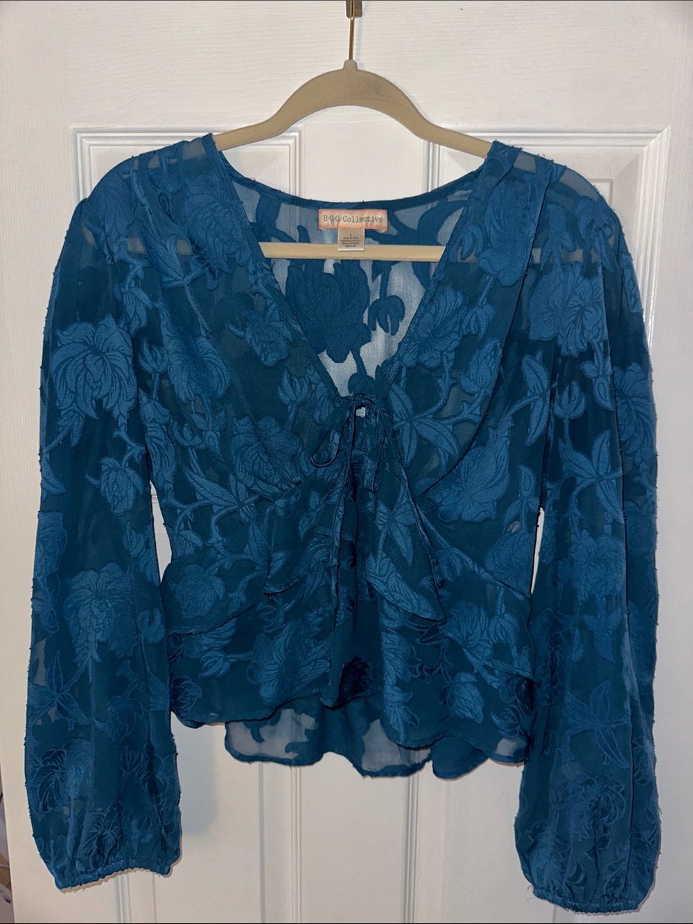 BOG Collective Blue Floral Tie-Front Sheer Blouse